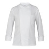 A white chef jacket featuring a double-breasted design and long sleeves, with a single pocket and branding label.