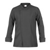 A chef jacket in dark grey with long sleeves and a stylish crossover design, featuring a logo on the sleeve.