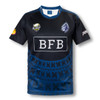 A black and blue custom men's rugby performance t-shirt featuring various logos and a distinctive design pattern.