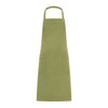 A green apron with a simple design featuring two front pockets and a neck strap. It has a small logo.