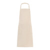 A light beige apron with a solid design and two front pockets. It features a branding logo on the strap.