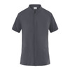 A grey tunic with short sleeves and two front pockets, featuring a logo at the neckline.