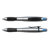 A duo pen with a silver body and black grip, featuring a pen and a highlighter, both with a logo.