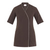 A brown tunic with a wrap design, featuring short sleeves and contrasting white piping, includes pockets and a logo.