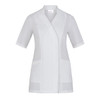 A white tunic with short sleeves and two side pockets, featuring a logo on the label.