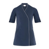 A navy blue tunic with short sleeves and white piping, featuring a logo. Suitable for uniforms.