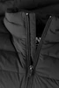 A black down jacket featuring a zippered front and a quilted texture. It has a logo on the inner label.