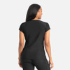 A black banded V-neck top is displayed, featuring short sleeves and a fitted design, shown from the back.
