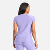 A purple banded V-neck top featuring short sleeves and a fitted design, displayed from the back view.