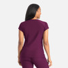A purple banded V-neck top featuring short sleeves, shown from the back with a smooth finish and fitted design.