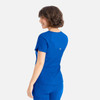 A blue Y-neck top with short sleeves and a logo on the back, featuring a casual fit.