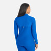 A blue full zip track jacket with a fitted design and a logo on the back. The model is facing away from the camera.