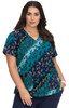 A patterned top in shades of teal, navy, and black, featuring a v-neck and short sleeves. It has a logo.