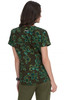 A floral print top featuring green and blue flowers on a dark background, with short sleeves and a casual style.