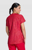 A red patterned top with short sleeves, featuring a stylish design and a back view, complete with a logo.