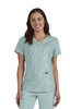 A mint green scrub top with a v-neck design, featuring a subtle print and a logo.
