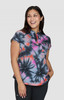 Ari Top (Print) features a vibrant tie-dye design in pink, orange, and grey, with a short collar and sleeves.