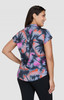 A tie-dye top featuring a blend of blue, pink, and black colours, with a short-sleeve design and a back detail.