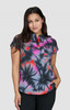 Ari Top (Print) featuring a vibrant tie-dye pattern in shades of pink, purple, and black on a stylish short-sleeve design.