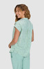 A short-sleeved, mint green top with a relaxed fit and a subtle print, featuring a back pleat detail.