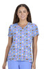 A blue top featuring an ice cream print with short sleeves and a V-neck design, accompanied by a logo.