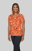 A vibrant orange top featuring a playful animal print, with a flattering V-neck design and short sleeves.