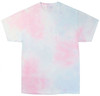 A cloud tie dye T-shirt featuring pastel shades of pink and blue, with a loose-fitting short sleeve design.