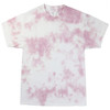 A pink and white tie-dye T-shirt featuring a loose fit and short sleeves, with a subtle cloud pattern.