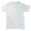 A light blue and white tie-dye T-shirt with a relaxed fit and short sleeves. Features a logo on the label.