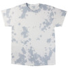 A tie-dye t-shirt featuring a white base with light blue splashes throughout. It has a round neckline and short sleeves.