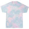 A tie-dye T-shirt featuring blue and pink cloud-like patterns with a relaxed fit. It includes a logo.