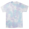 A cloud tie-dye t-shirt in pastel shades of blue and lavender. Features a logo on the front.