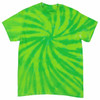 A green tie dye t-shirt featuring a spiral pattern with varying shades of green. The shirt has a logo on it.