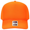 A bright orange 5 Panel High Crown Full Foam Cap with a durable snap closure and a logo label.
