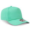 A mint green 5 panel mid profile baseball cap with a stitched brim and an attached branding label.