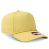 A yellow 5 panel mid profile baseball cap with a braided design and a logo on the side.