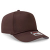 A brown 5 panel mid profile baseball cap with a chain detail and a logo tag on the front.