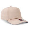 A 5 panel mid profile baseball cap in a light beige colour with a decorative chain detail and a logo on the front.