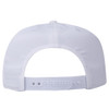 A white 5 panel mid-profile baseball cap featuring an adjustable strap and a logo on the back.