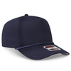 A navy blue 5 panel mid profile baseball cap featuring a braided detail and a logo on the front.