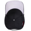 A black 5 panel mid-profile baseball cap with a grey interior and a logo on the side.