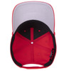 A 5 panel mid profile baseball cap in red and black, featuring a grey interior and a logo.