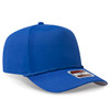 A blue, five-panel mid-profile baseball cap with a logo and a braided detail on the brim.
