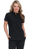 A women's black medical top with short sleeves, a keyhole neckline, and two front pockets, featuring a branding logo.