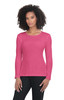 A pink long-sleeve top on a model, featuring a round neckline and a textured pattern. It has a logo on it.