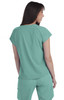 A teal top with short sleeves, featuring a smooth finish, displayed on a model from the back. The top has branding.