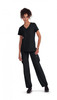A woman wearing a black scrubs outfit, featuring a short-sleeve top and cargo pants, standing with hands on her hips.