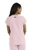 A pink women's top with short sleeves and a simple design, featuring a back detail and a logo.