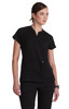 A black top featuring a short sleeve design and a stylish neckline, with a logo on the side.