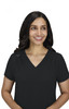 A black Sari Top with a V-neck and short sleeves, featuring a decorative detail on one shoulder.